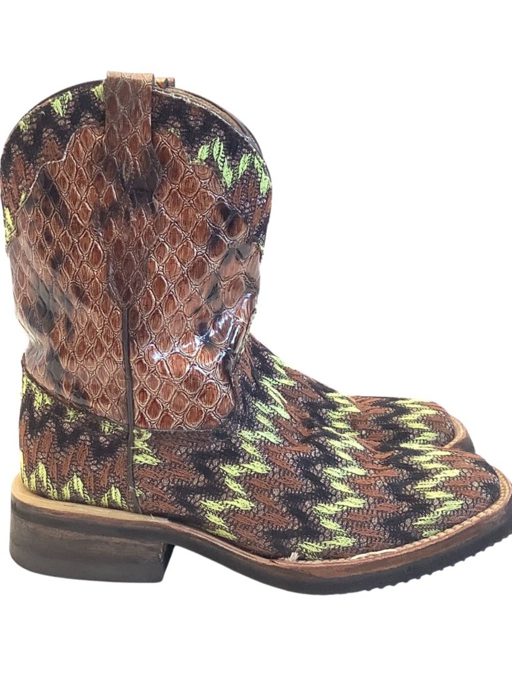 Ferrini Fatbaby Boots Square Toe Acid Green Multicolor Chevron Pattern Wide Fit